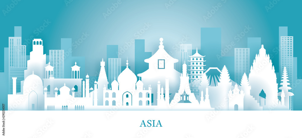 Asia Skyline Landmarks in Paper Cutting Style