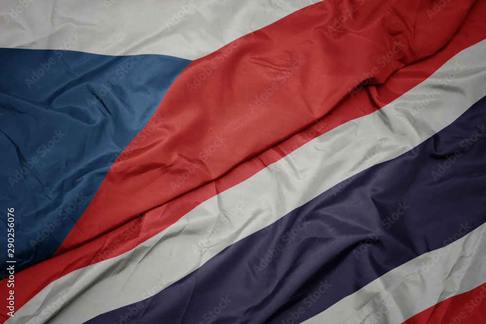 waving colorful flag of thailand and national flag of czech republic. waving colorful flag of thailand and national flag of czech republic.