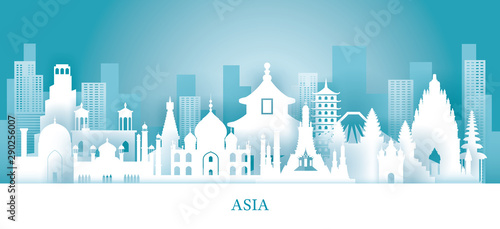 Asia Skyline Landmarks in Paper Cutting Style