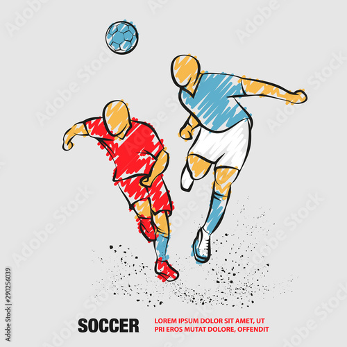 Two Soccer players fighting for the ball. Vector outline of soccer player with scribble doodles.