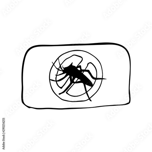 Mosquito plate or tablet for electric fumigator with crossed out black insept silhouette. Hand drawing sketch vector illustration isolated on white background