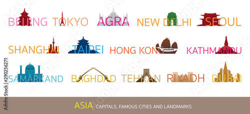 Asia Cities Landmarks with Text or Word