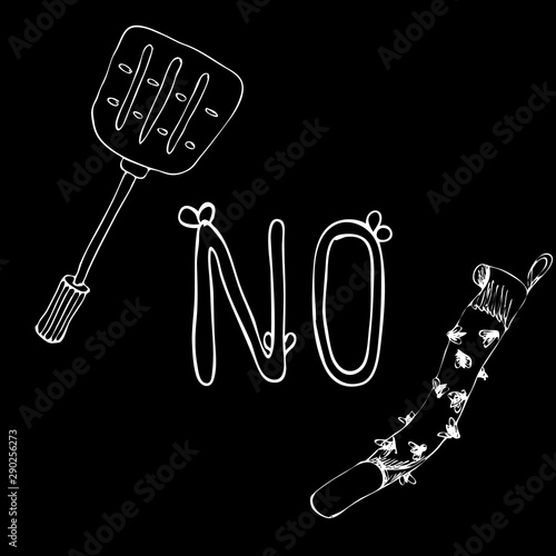 No. Letter with wings on a black background. Prohibition lettering about nasty flies overhead. Fly paper or tape and swatter. Vector illustration