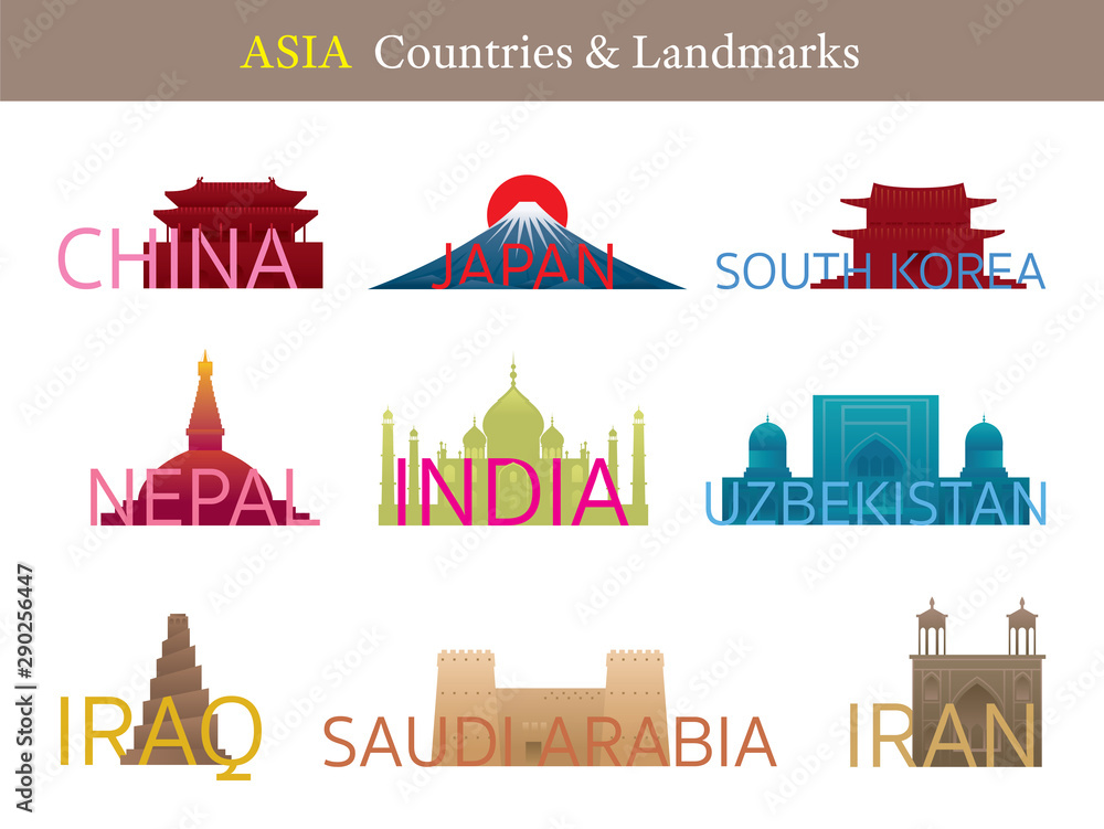 Asia Countries Landmarks with Text or Word