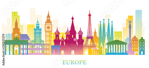 Europe Skyline Landmarks Colorful Silhouette
