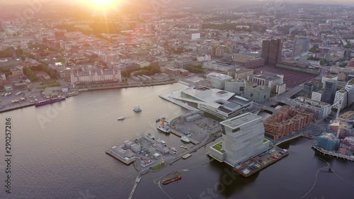 Oslo, Norway. City view during sunset. Back light. The central part of the city.  Oslo Opera House. Operahuset Oslo, From Drone, Point of interest photo