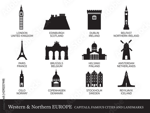 Western and Northern Europe Cities Landmarks Silhouette