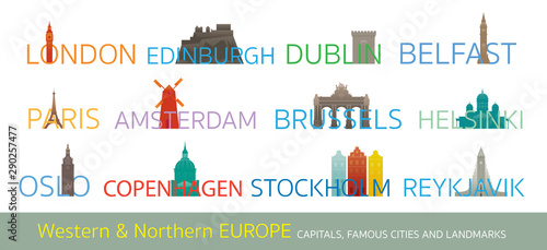 Western and Northern Europe Cities Landmarks with Text or Word