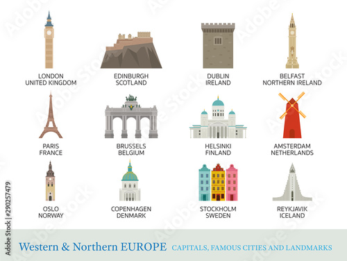 Western and Northern Europe Cities Landmarks in Flat Style