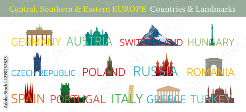 Central, Southern and Eastern Europe Countries Landmarks with Text or Word