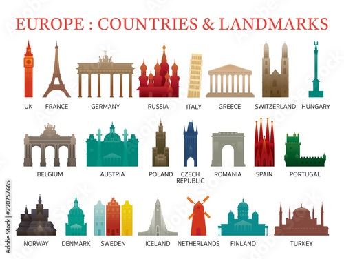 Europe Countries Landmarks Colorful Silhouette