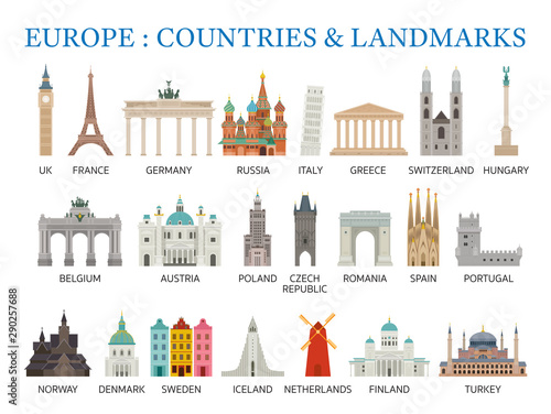 Fotografie, Obraz Europe Countries Landmarks in Flat Style