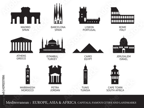 Mediterranean Europe, Africa, Asia Cities Landmarks Silhouette