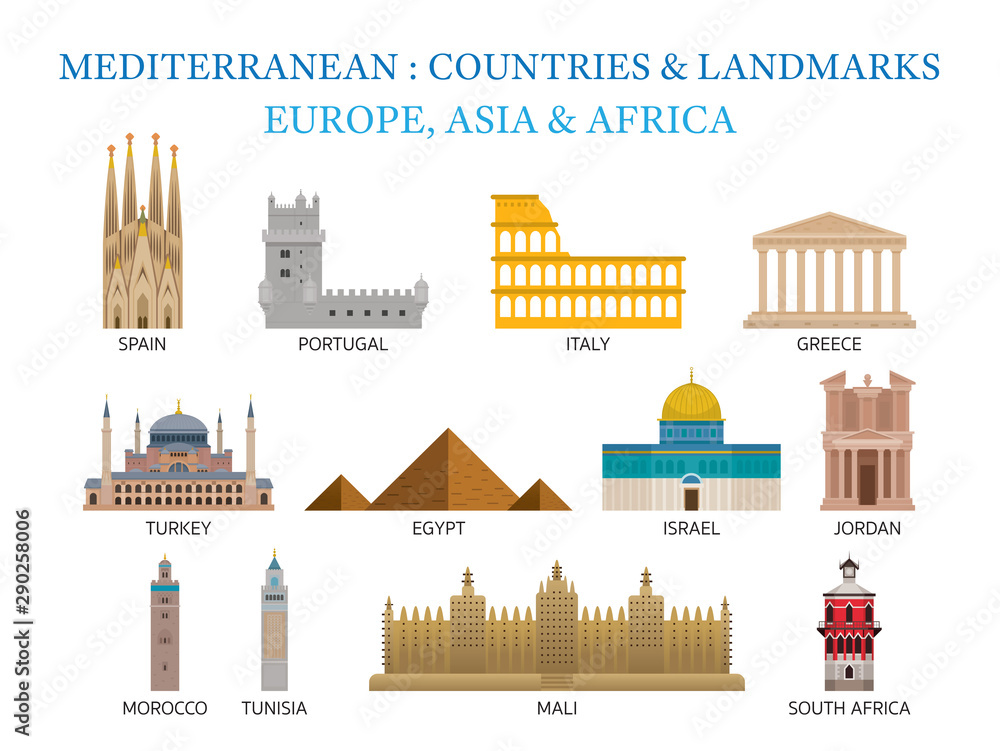 Mediterranean Europe, Africa, Asia Countries Landmarks