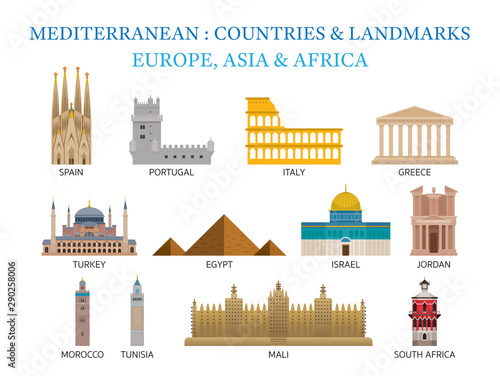 Mediterranean Europe, Africa, Asia Countries Landmarks