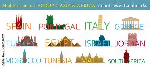Mediterranean Europe, Africa, Asia Countries Landmarks with Text or Word