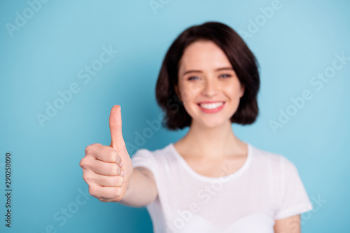 Wallpaper Mural Close-up portrait of her she nice attractive cheerful cheery girl showing thumbup advert best decision solution isolated on bright vivid shine vibrant blue turquoise color background Torontodigital.ca