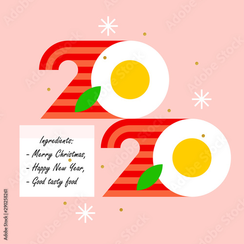 Colorful numbers 2020 look like eggs with bacon and greetings of happy and tasty New Year. Modern vector illustration for cover of food and cook theme brochure or calendar