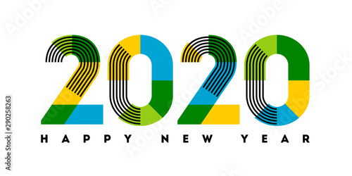 Happy New Year 2020 design. Abstract numbers with stripes and color blocks isolated on white background. Elegant vector illustration in modern style for holiday calendar, greeting card or banner
