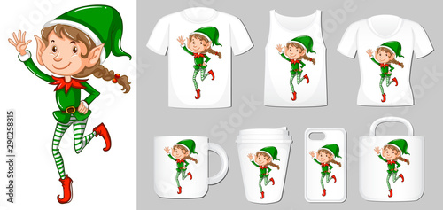 Graphic of christmas elf on different types of product template