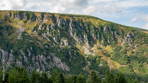 Mountain landscape with trees and meadow - Giant Mountains, Karkonosze, Poland. 
