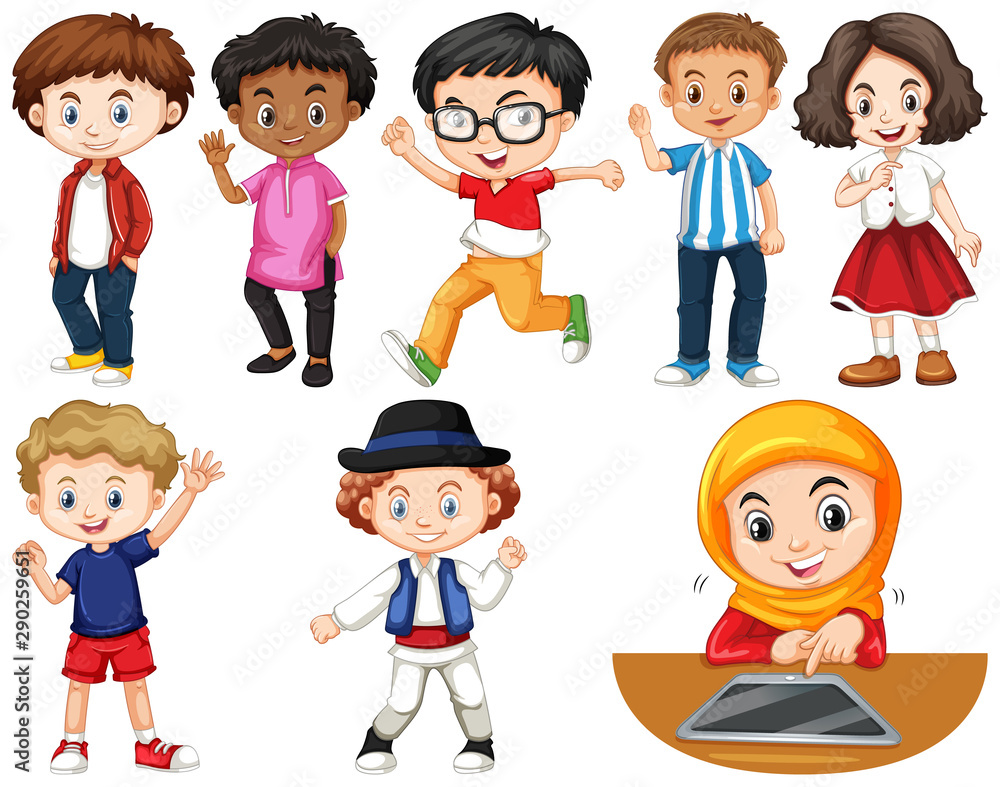 Set of isolated children in different actions Set of isolated children in different actions