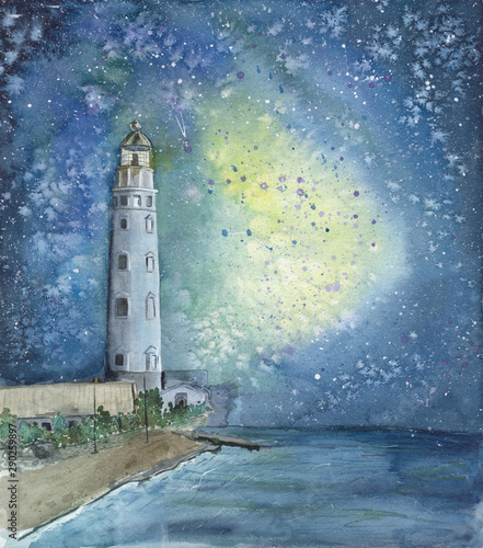 The lighthouse in the fantasy bright starry sky in the lonely shore and calm sea. Watercolor illustration