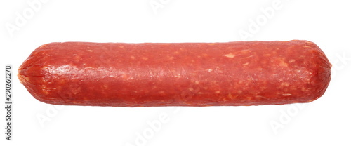 Fermented semi-dry, smoked sausage salami isolated on white background, top view