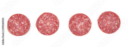 Fermented semi-dry, smoked sausage salami slices set and collection isolated on white background, top view