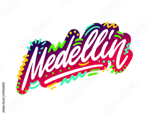 Medellin, text design. Vector calligraphy. Typography poster. Usable as background.