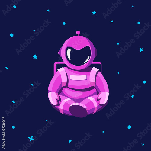 Cosmonaut in a spacesuit with yoga gestures. The astronaut in the lotus position is floating in the stratosphere against the background of the starry sky. Vector illustration in flat cartoon style.