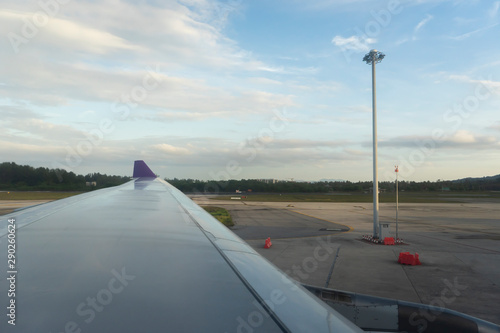 wing of plane in airport,