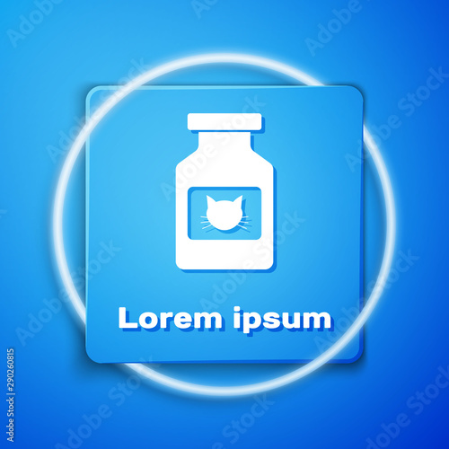 White Cat medicine bottle icon isolated on blue background. Container with pills. Prescription medicine for animal. Blue square button. Vector Illustration