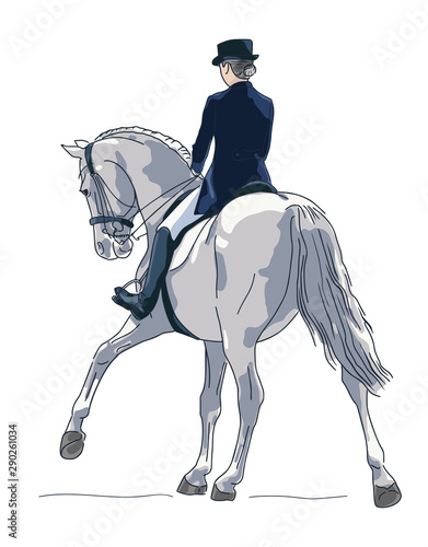 Color illustration of a dressage rider on a horse executing the half pass on gallop