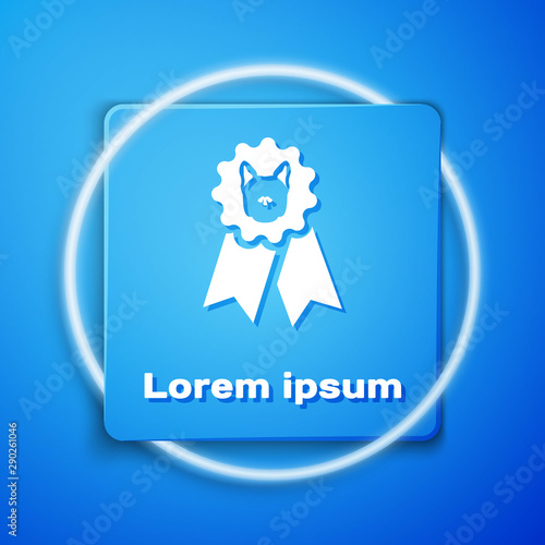 White Dog award symbol icon isolated on blue background. Medal with dog footprint as pets exhibition winner concept. Blue square button. Vector Illustration