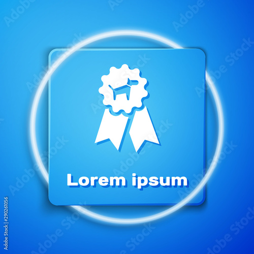 White Dog award symbol icon isolated on blue background. Medal with dog footprint as pets exhibition winner concept. Blue square button. Vector Illustration