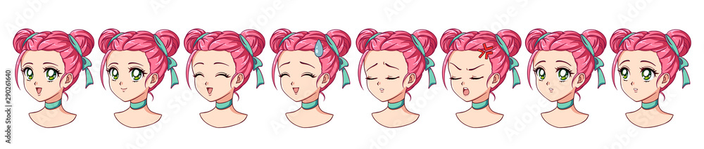 A set of cute anime girl with different expressions. Pink hair, big green eyes. Hand drawn retro anime style vector illustration . Can be used for avatar, mobile games, stickers, badges, prints etc.