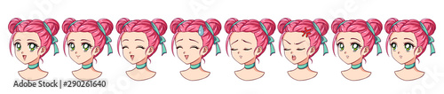 A set of cute anime girl with different expressions. Pink hair, big green eyes. Hand drawn retro anime style vector illustration . Can be used for avatar, mobile games, stickers, badges, prints etc.