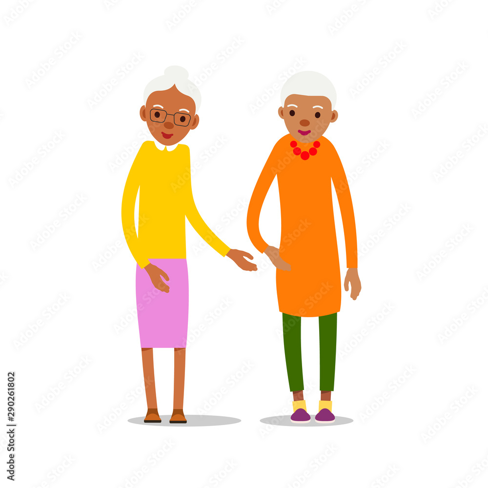 Two old african women, design for any purposes. Senior couple smiling. Retirement age. Happy attractive lifestyle. Female symbol. Cartoon illustration isolated on white background in flat style Two old african women, design for any purposes. Senior couple smiling. Retirement age. Happy attractive lifestyle. Female symbol. Cartoon illustration isolated on white background in flat style