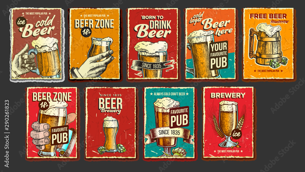 Obraz premium Beer Collection Advertising Poster Set Vector. Wooden And Glass Cups, Green Hops And Spikelets Wheat On Different Commercial Promotional Banner Of Tavern Pub. Advertisement Flat Cartoon Illustrations