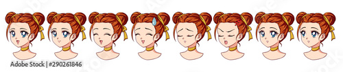 A set of cute anime girl with different expressions. Red hair, big blue eyes.