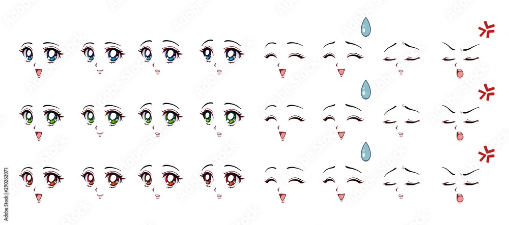 Fototapeta premium Set of cartoon anime style expressions. Different eyes, mouth, eyebrows. Three different colors: red, green, blue. Hand drawn vector illustration isolated on white background.