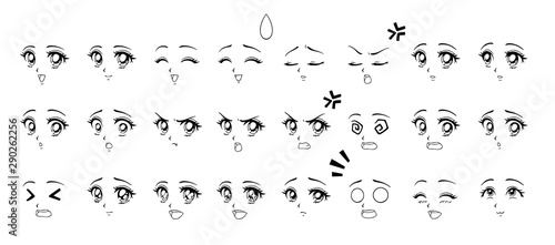 Set of cartoon anime style expressions. Different eyes, mouth, eyebrows. Contour picture for manga. Hand drawn vector illustration isolated on white background. photo
