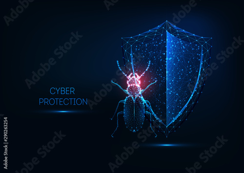 Internet security, cyber protection concept with futuristic glowing low polygonal bug and shield.