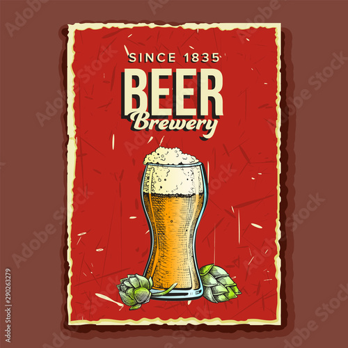 Beer Glass Cup Brewery Advertising Poster Vector. Full Cup With Foam Alcoholic Drink And Green Bullion Hops On Promotional Banner Of Tavern. Designed Label Beverage Flat Cartoon Illustration
