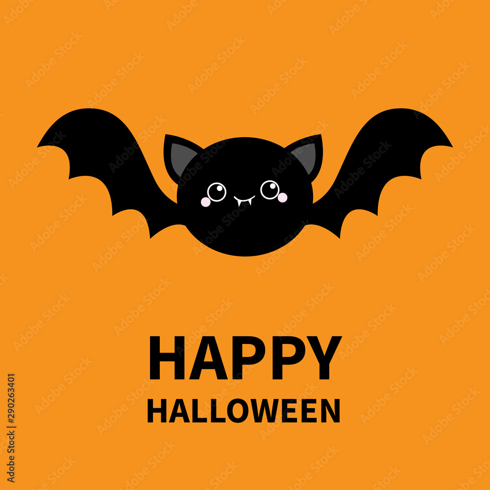 Happy Halloween. Black bat flying silhouette icon. Cute cartoon round baby character with big open wing, eyes, ears. Forest animal. Flat design. Orange background. Isolated. Greeting card.