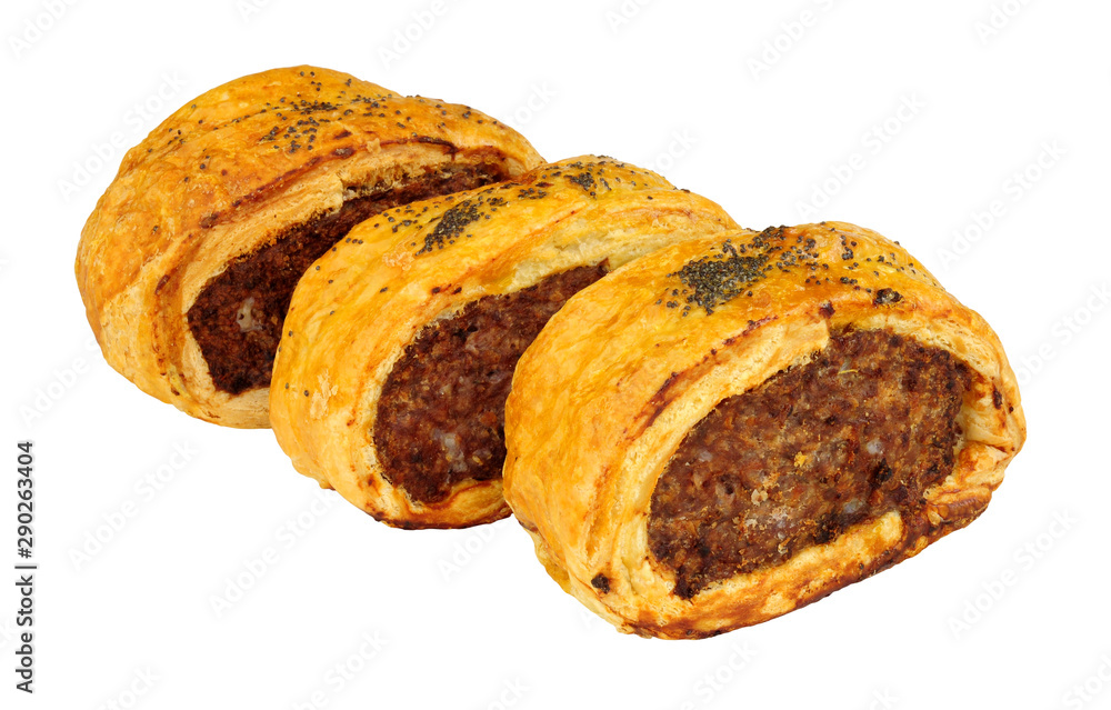 Pork and black pudding savoury sausage rolls isolated on a white background