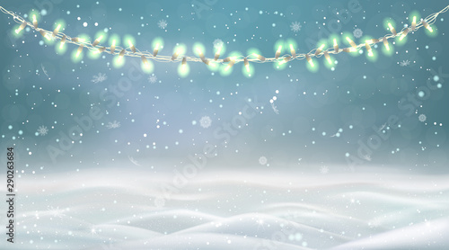 Winter snow background, with snowdrifts and garlands, snowstorm, snowflakes falling.