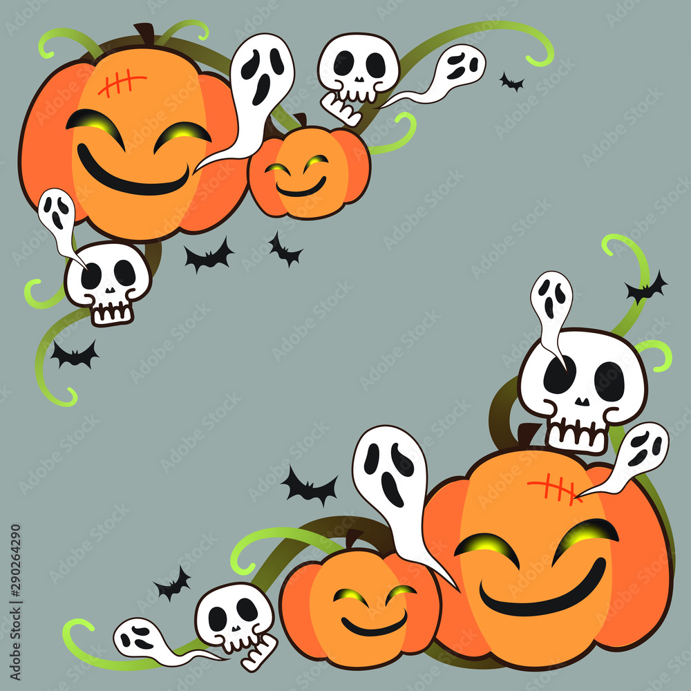 Halloween Pumpkins Cute Doodle Corner Design with Skulls Ghosts and Bats Halloween Pumpkins Cute Doodle Corner Design with Skulls Ghosts and Bats
