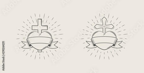 Vector illustration of a heart with a cross and a banner in the rays. Illustration on a religious theme. Christianity.